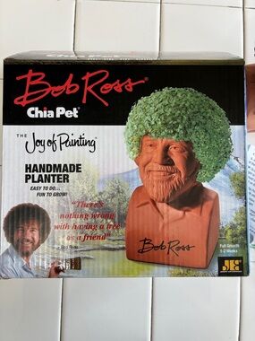 Bob Ross Chia Pet Handmade Planter - Terracotta with Green Growth 2 plantings